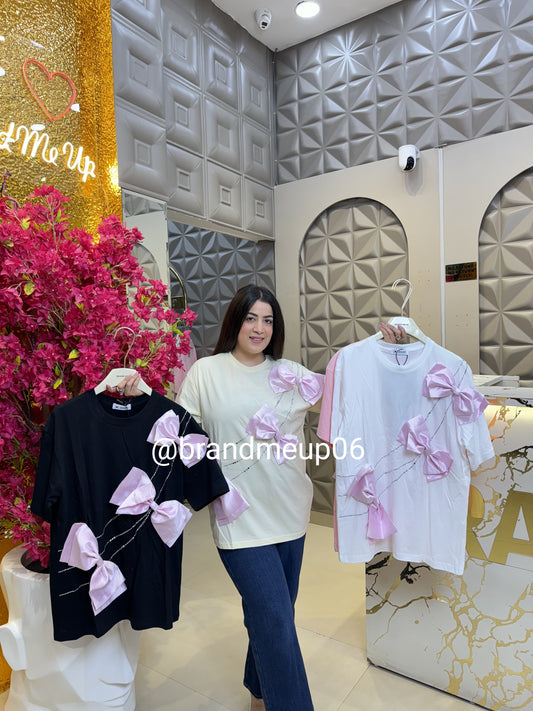 Cute Cotton T-Shirt Pink Bow (TEE-169)