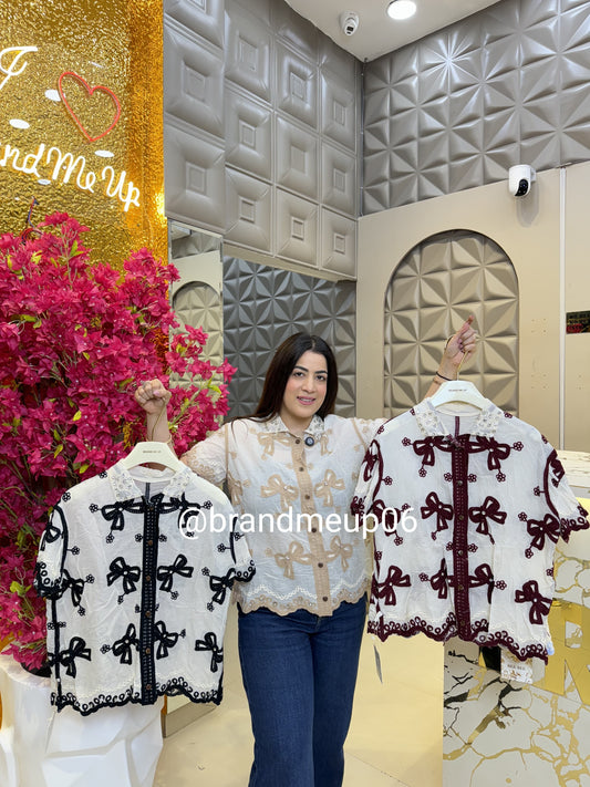 Cute Summer Embroidery Shirt With Rhinestones Bow (PRM-589)