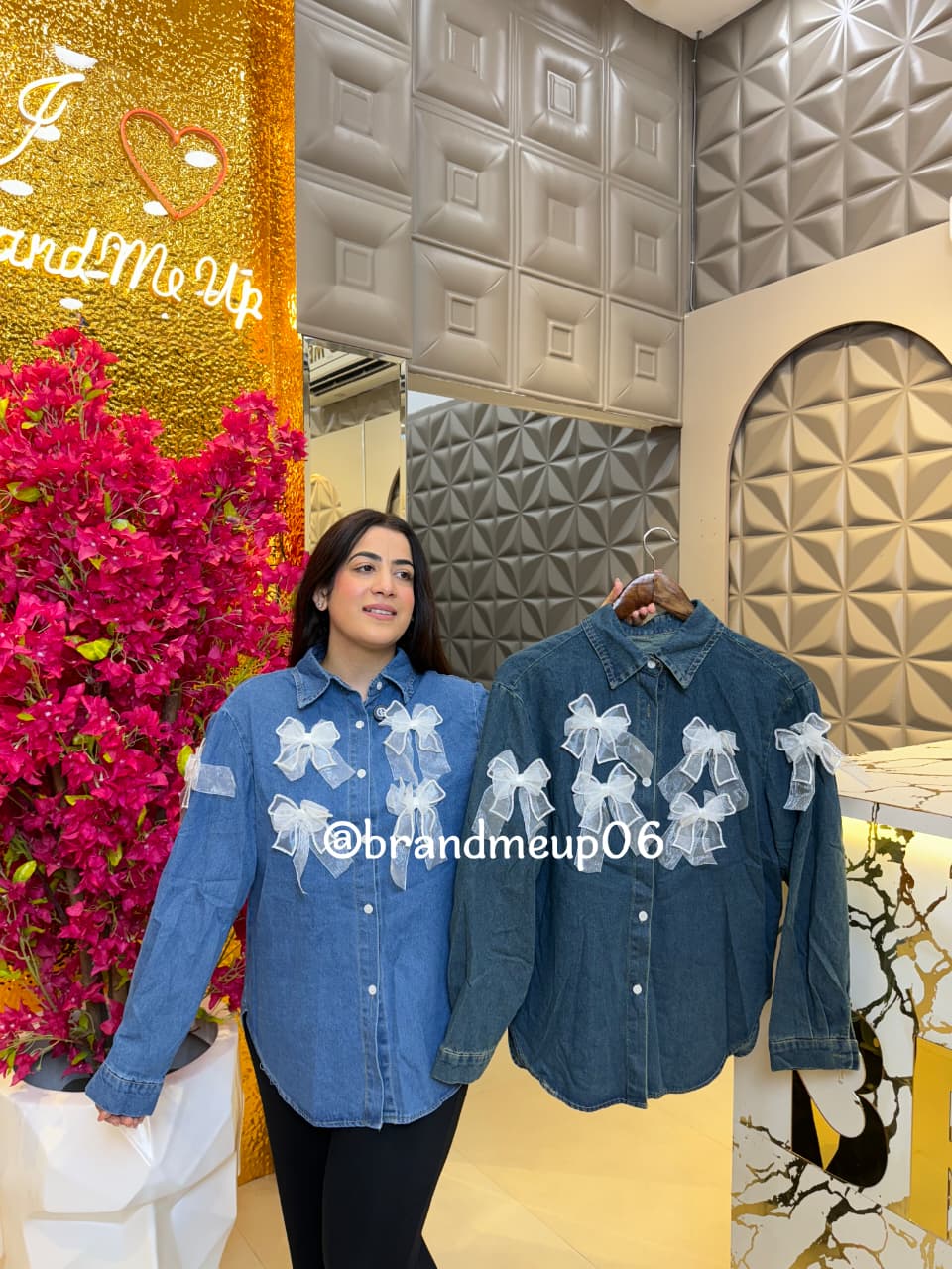 Denim Rhinstone Shirt (PRM-682) PEARL FLOWER