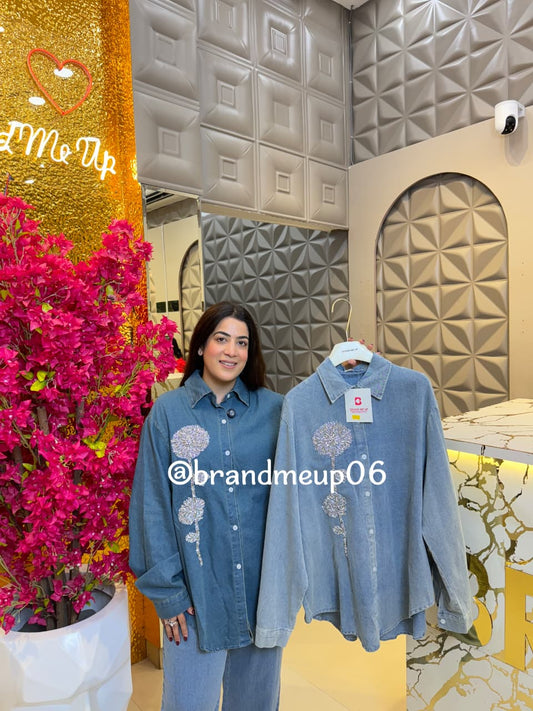 DENIM SHIRT WITH ROSE RHINESTONE (PRM-716)