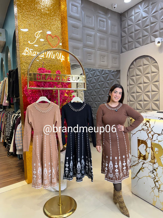 WOOLEN PRINTED DRESS WITH PEARL NECKLINE (IMP-634)