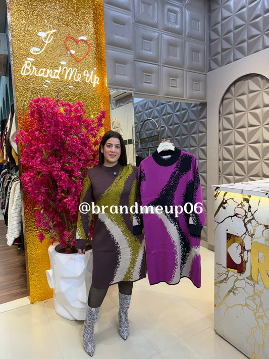 WOOLEN LONG PRINTED DRESS (IMP-737) COLOR BLOCK