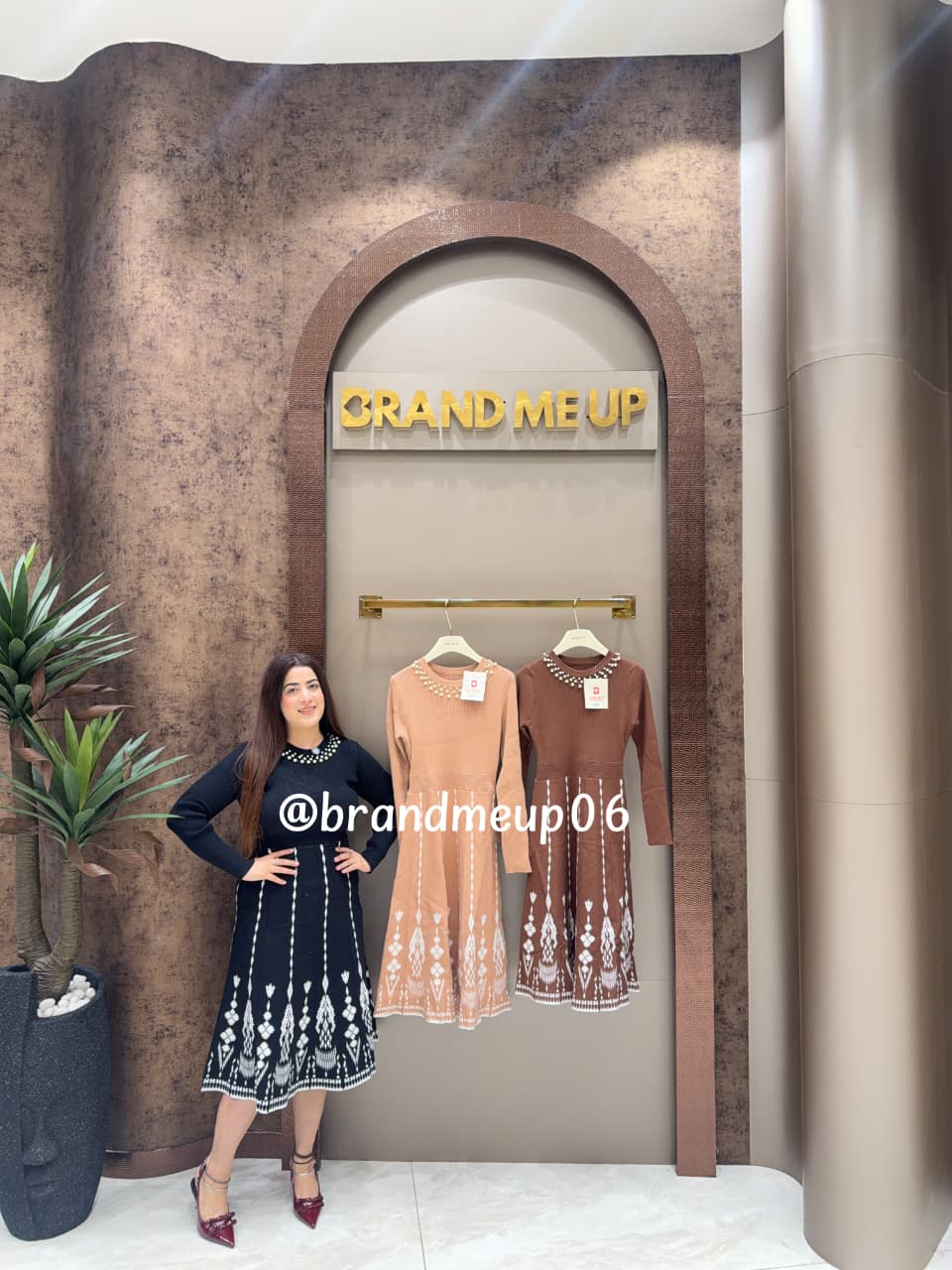 WOOLEN PRINTED DRESS WITH PEARL NECKLINE (IMP-634)
