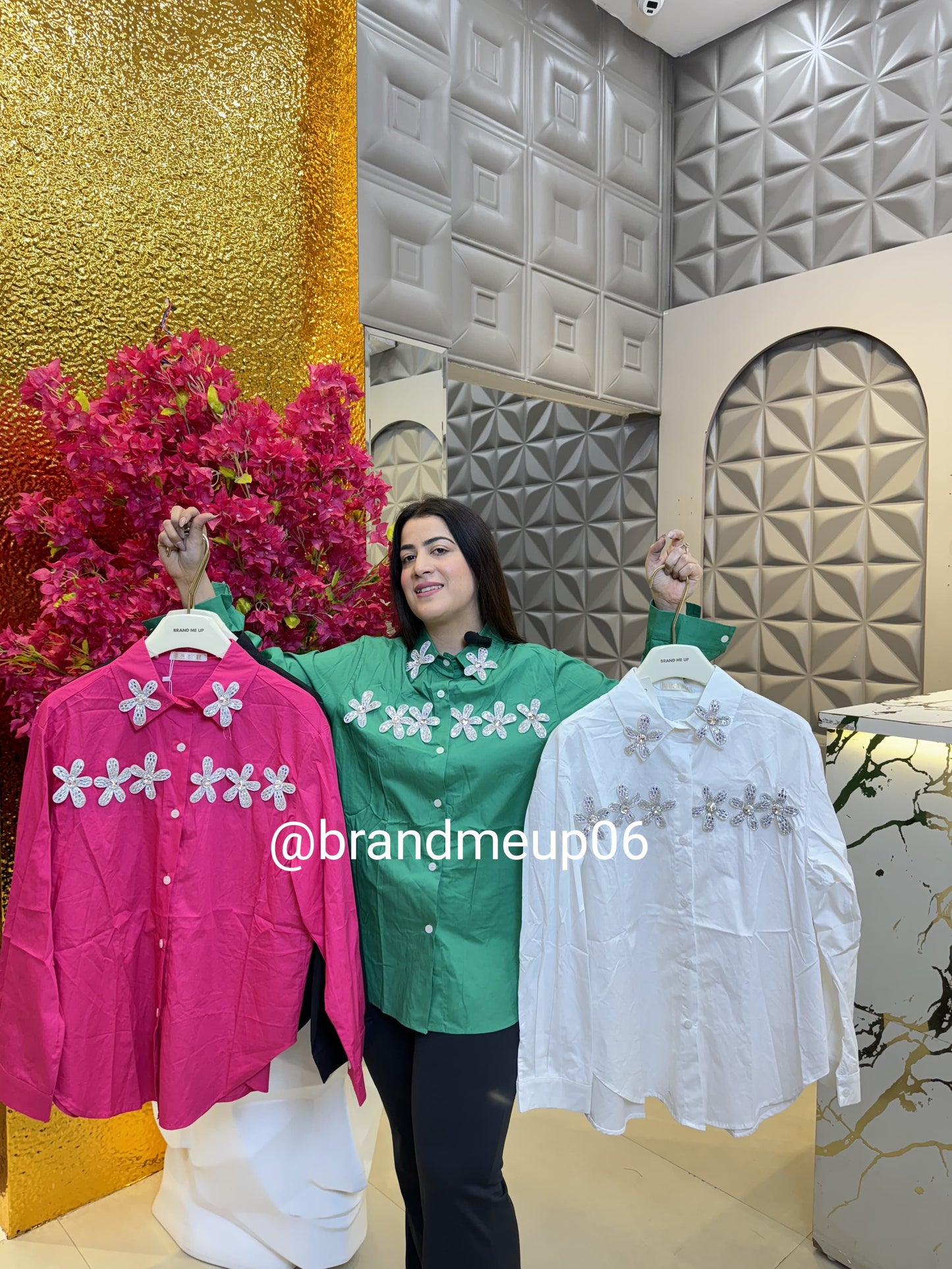 Cotton Shirt With Flower Rhinestones (PRM-393)