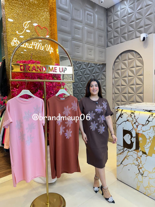 Rhinestone imported Stretchable Cotton Lycra Dress (PRM-493) FLOWER