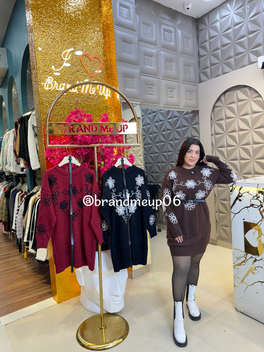 EMBROIDERY RHINESTONE WOOLEN DRESS WITH BELT (IMP-575)