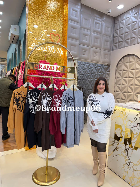 EMBROIDERY BIG FLOWER WOOLEN DRESS WITH BELT (IMP-573)