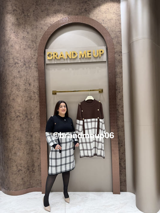 WOOLEN CHECK GOLDEN BUTTON DRESS (IMP-635)
