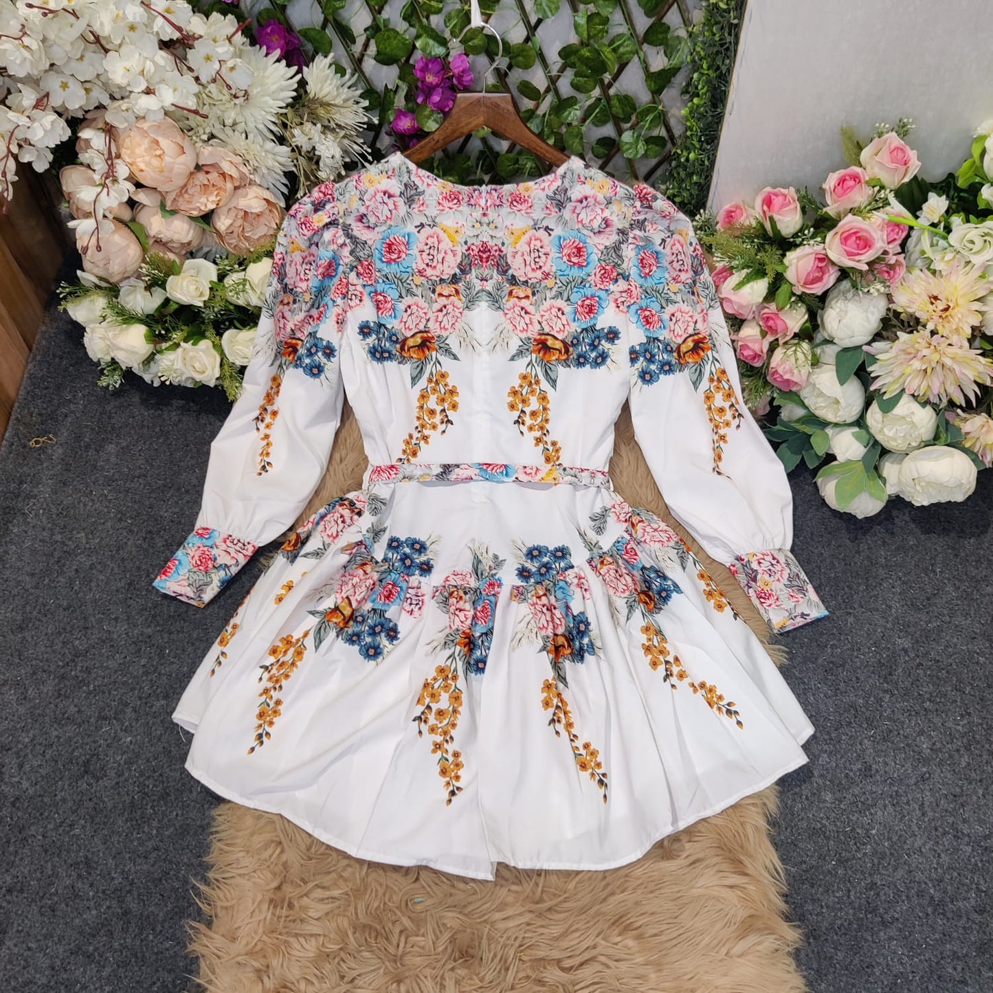 white floral print skater dress with belt