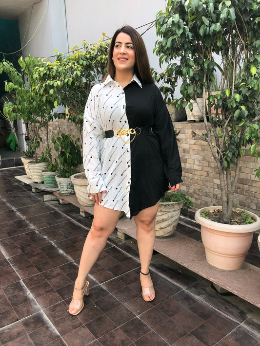 Double Shade Shirt Dress With Belt