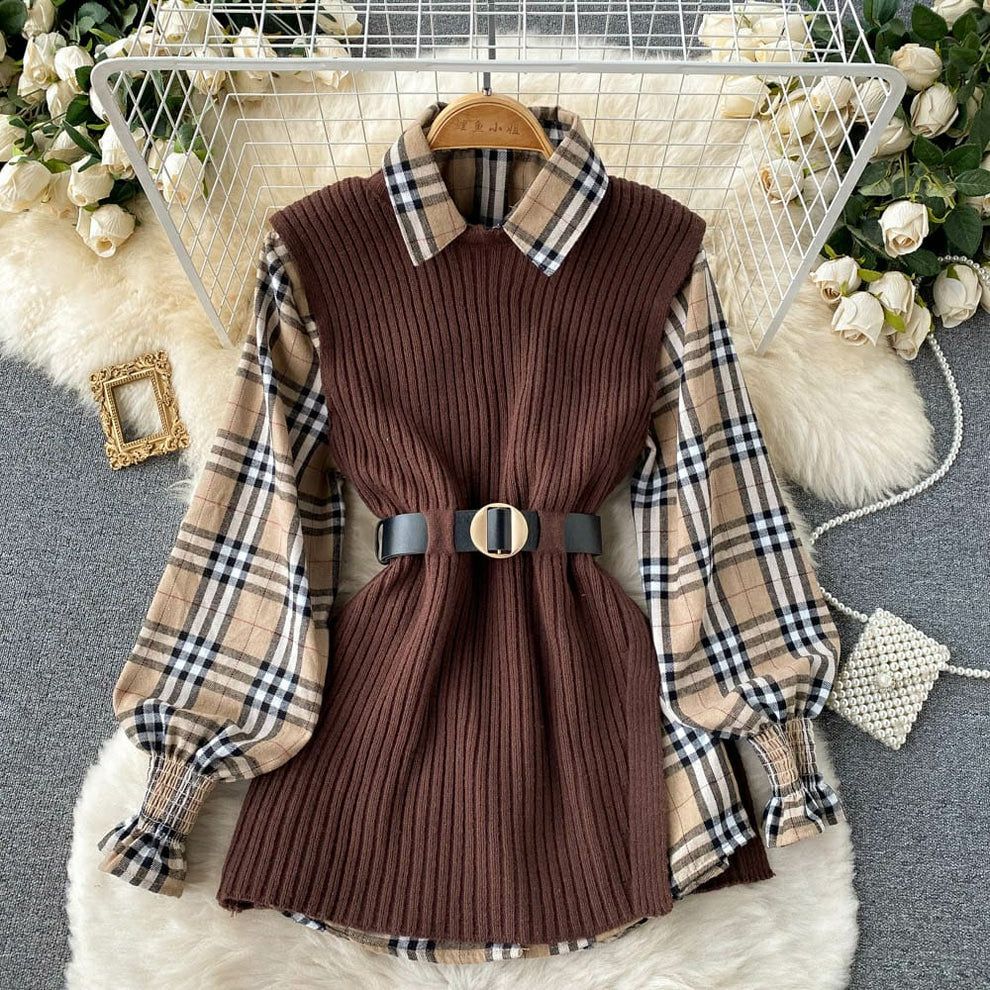 Check Shirt with  Sweater and Belt  (IMP-53)