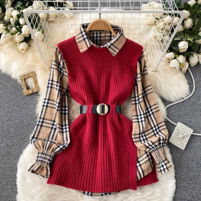 Check Shirt with  Sweater and Belt  (IMP-53)