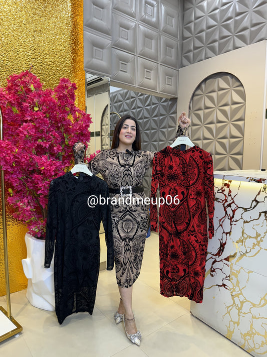 Imported Powernet Dress With Belt (PRM-354)