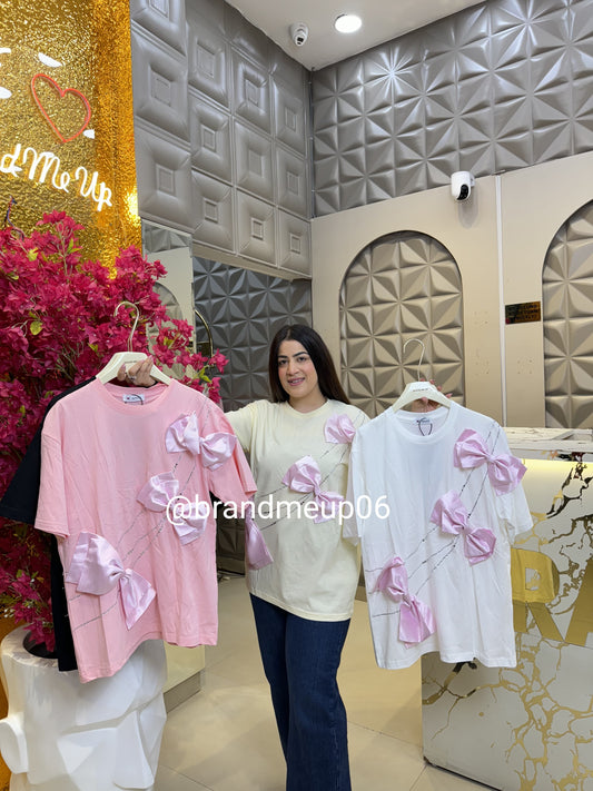 Cute Cotton T-Shirt Pink Bow (TEE-169)