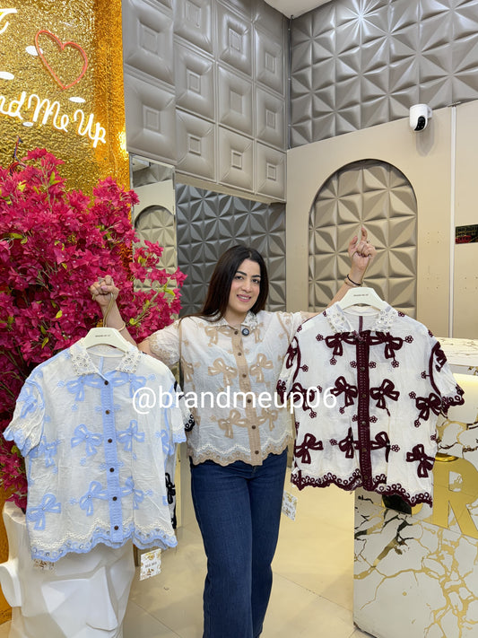 Cute Summer Embroidery Shirt With Rhinestones Bow (PRM-589)
