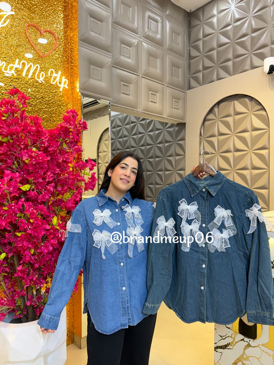 Denim Rhinstone Shirt (PRM-682) PEARL FLOWER