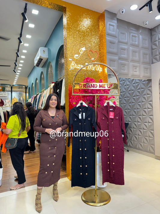 WOOLEN DRESS WITH BELT AND GOLDEN BUTTON (IMP-561)