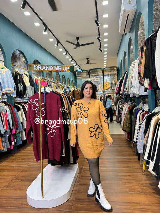 EMBROIDERY DOUBLE FLOWER WOOLEN DRESS WITH BELT (IMP-572)