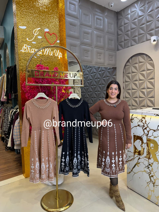 WOOLEN PRINTED DRESS WITH PEARL NECKLINE (IMP-634)
