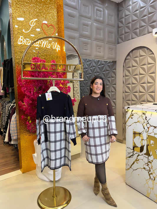 WOOLEN CHECK GOLDEN BUTTON DRESS (IMP-635)