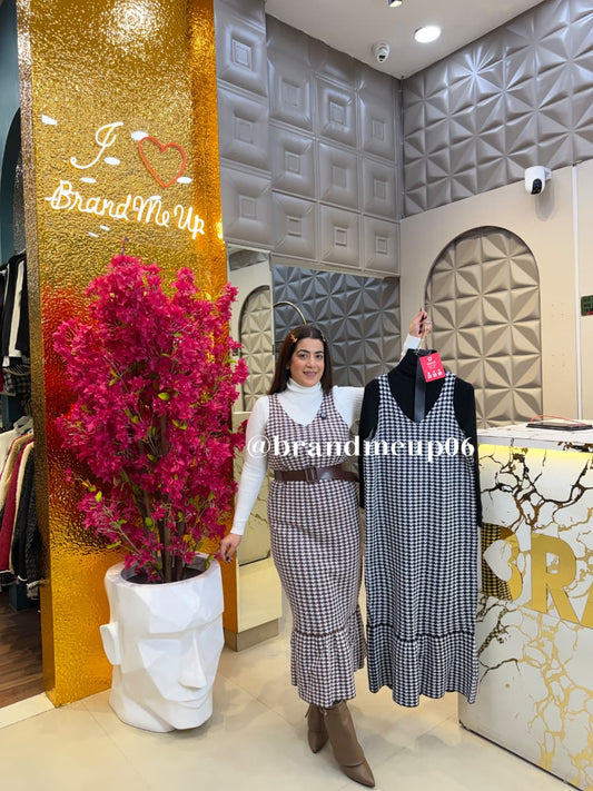 WOOLEN CHECKS DRESS WITH INNER AND BELT (IMP-663)