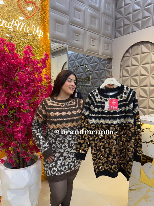 PARTYWEAR SEQUENCE WOOLEN DRESS (IMP-692) CHEETAH