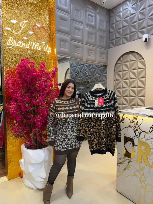 PARTYWEAR SEQUENCE WOOLEN DRESS (IMP-692) CHEETAH