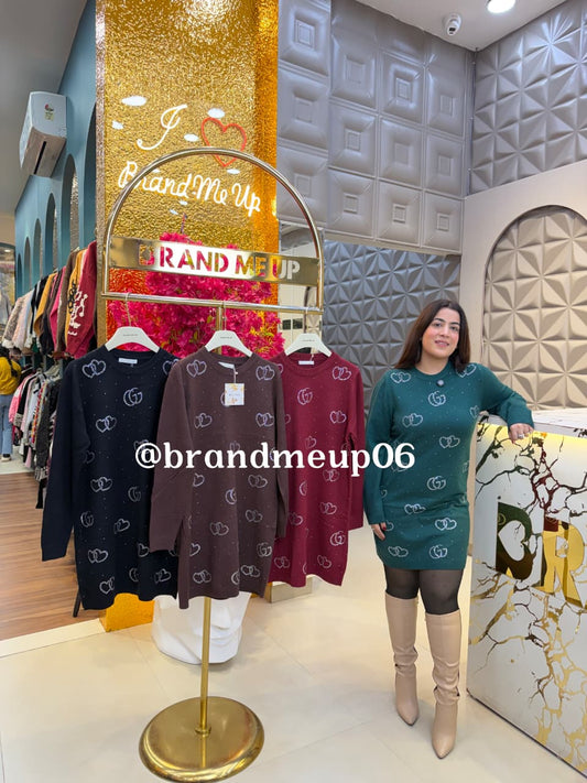 WOOLEN SEQUENCE HEART RHINESTONE DRESS (IMP-712)