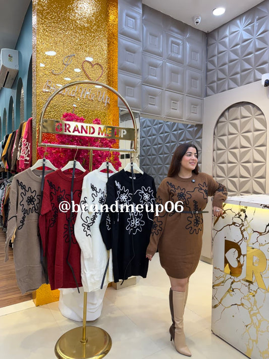 WOOLEN DRESS  WITH BELT (IMP-718) 3FLOWER