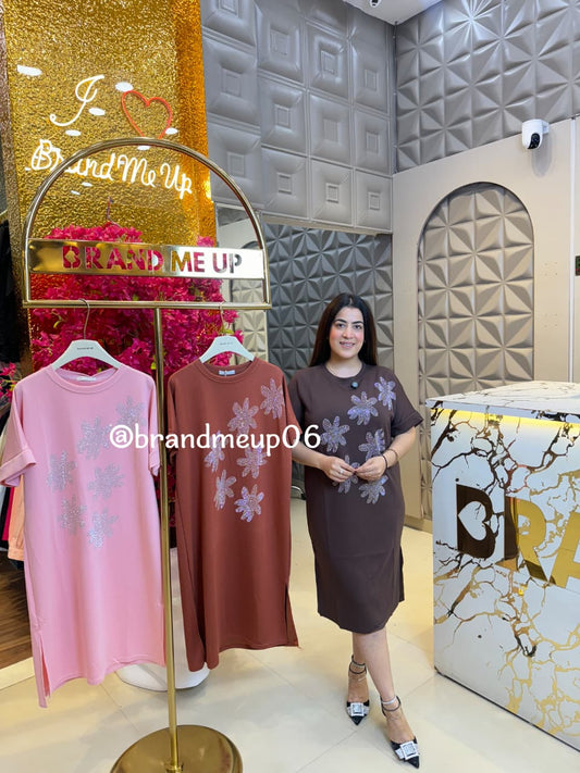 Rhinestone imported Stretchable Cotton Lycra Dress (PRM-493) FLOWER