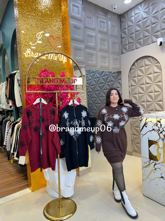 EMBROIDERY RHINESTONE WOOLEN DRESS WITH BELT (IMP-575)