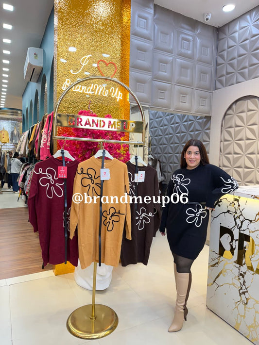 EMBROIDERY DOUBLE FLOWER WOOLEN DRESS WITH BELT (IMP-572)