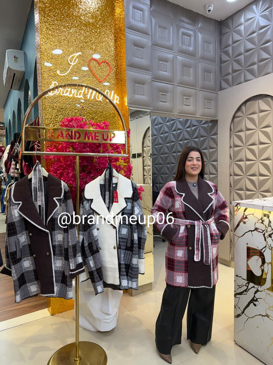 WOOLEN CHECK COAT WITH BELT AND POCKET (IMP-678)