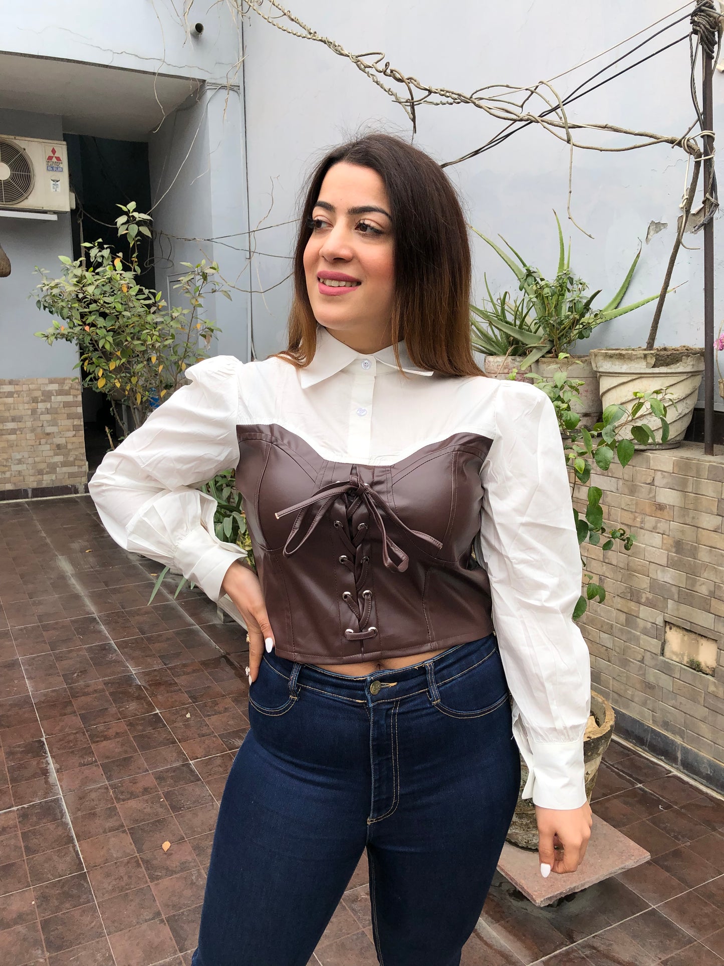 White Shirt With Leather Bustier