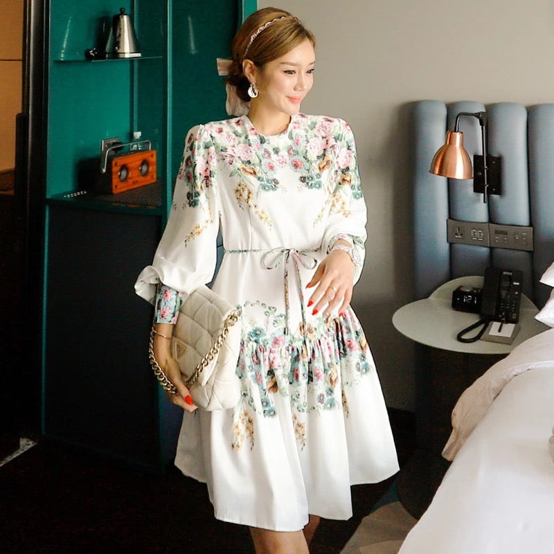 Floral Printed Skater Dress With Belt White