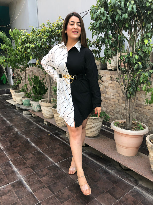 Double Shade Shirt Dress With Belt