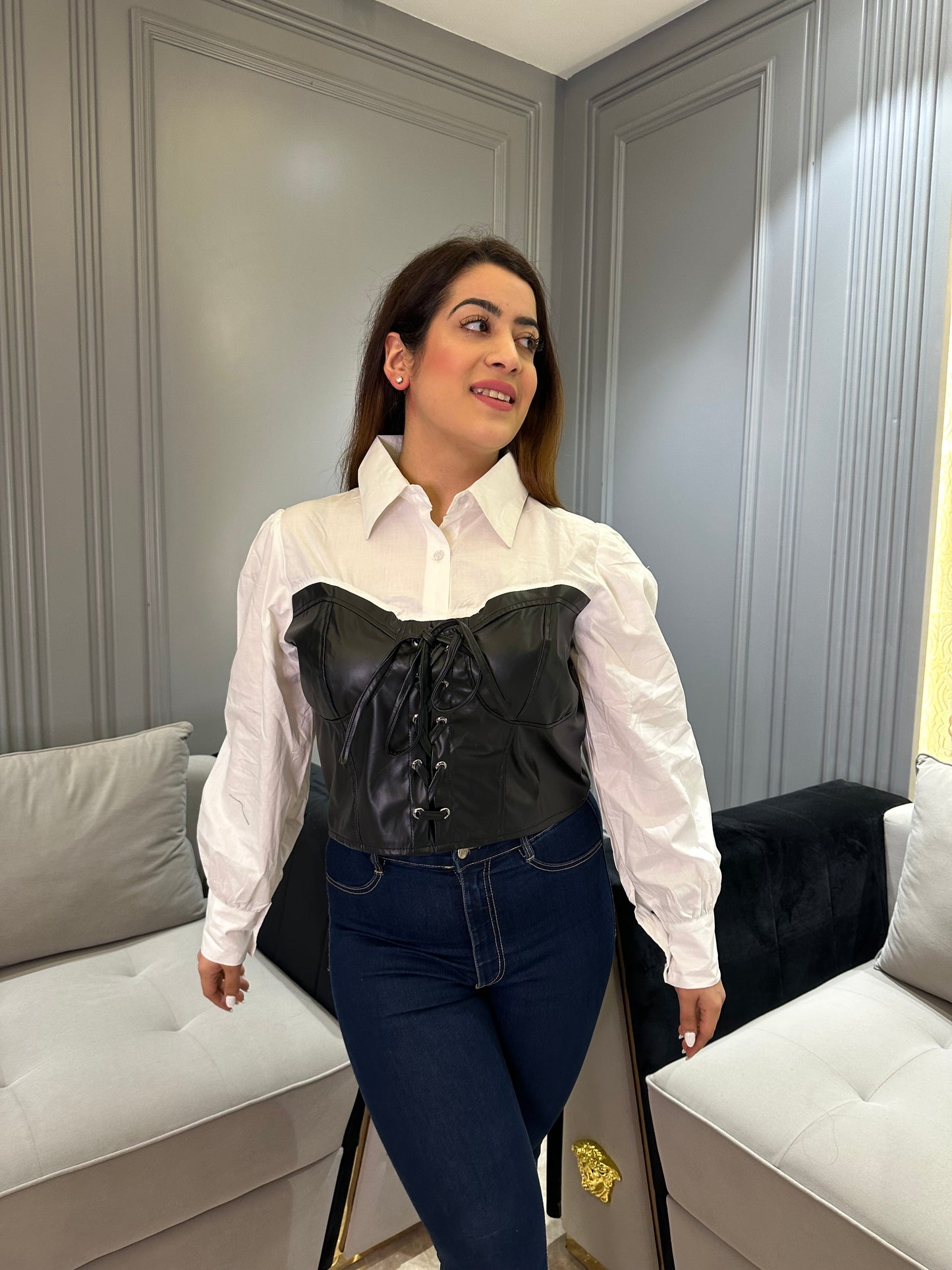 White Shirt With Leather Bustier