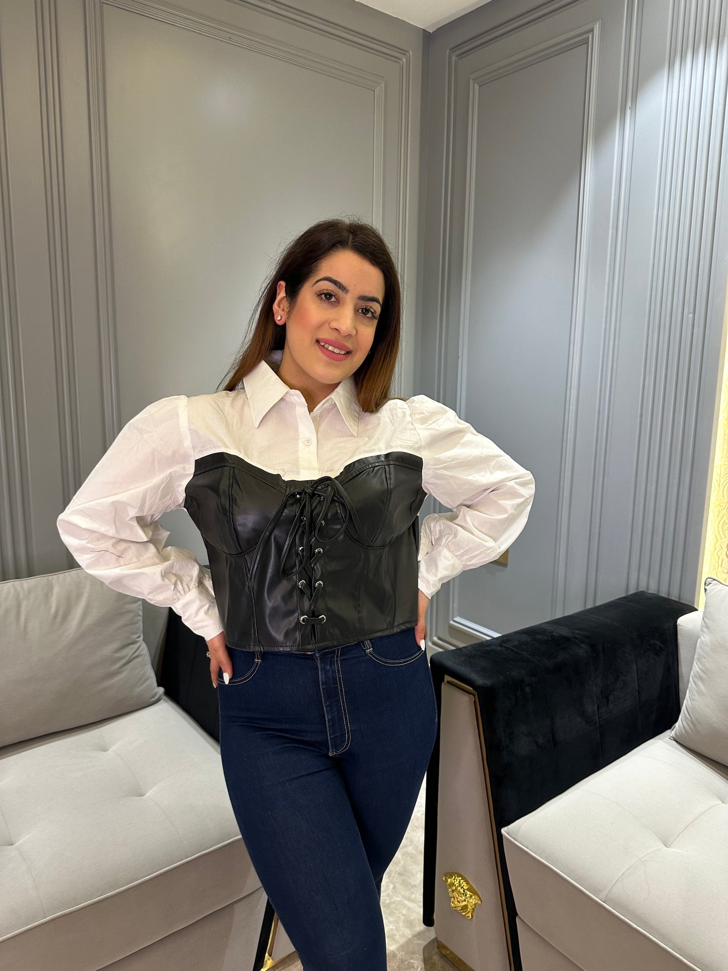 White Shirt With Leather Bustier